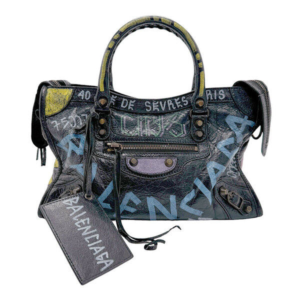 Balenciaga Handbags - Balenciaga Graffiti City Leather Shoulder Bag Black Multicolor